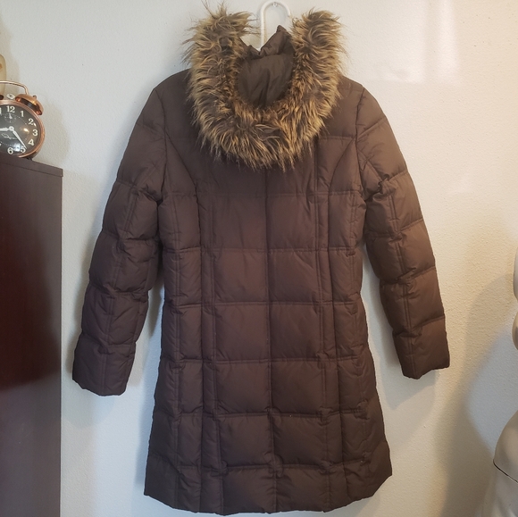 Weatherproof brown down filled puffer trench coat hooded women's small S - Picture 2 of 2